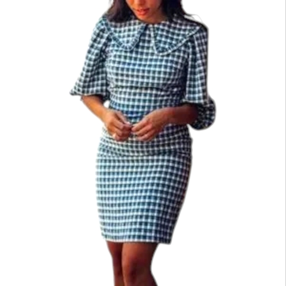 JESSAKAE Blue Gingham Plaid Dress Collar Puff Sleeve Textureed Cottage Country L - Picture 6 of 6
